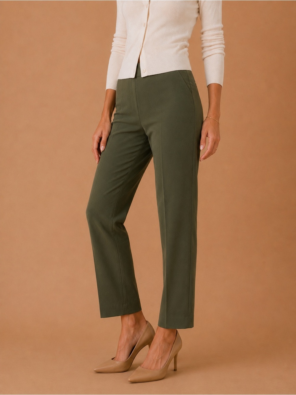 Adrianna Papell Olive Green Mid Rise Pull-On Slim Straight Ankle Dress Pants